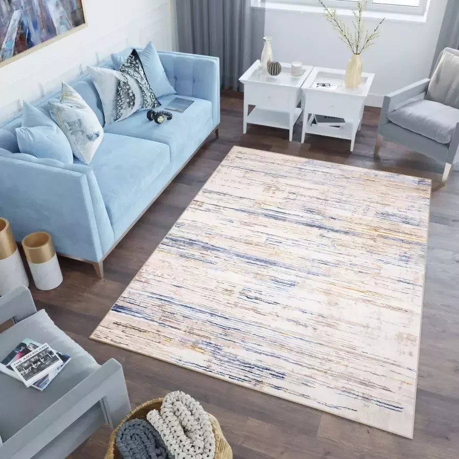 Tapiso Asthane Vloerkleed Beige Blauw Lijnen Modern Woonkamer Tapijt Maat- 80x150