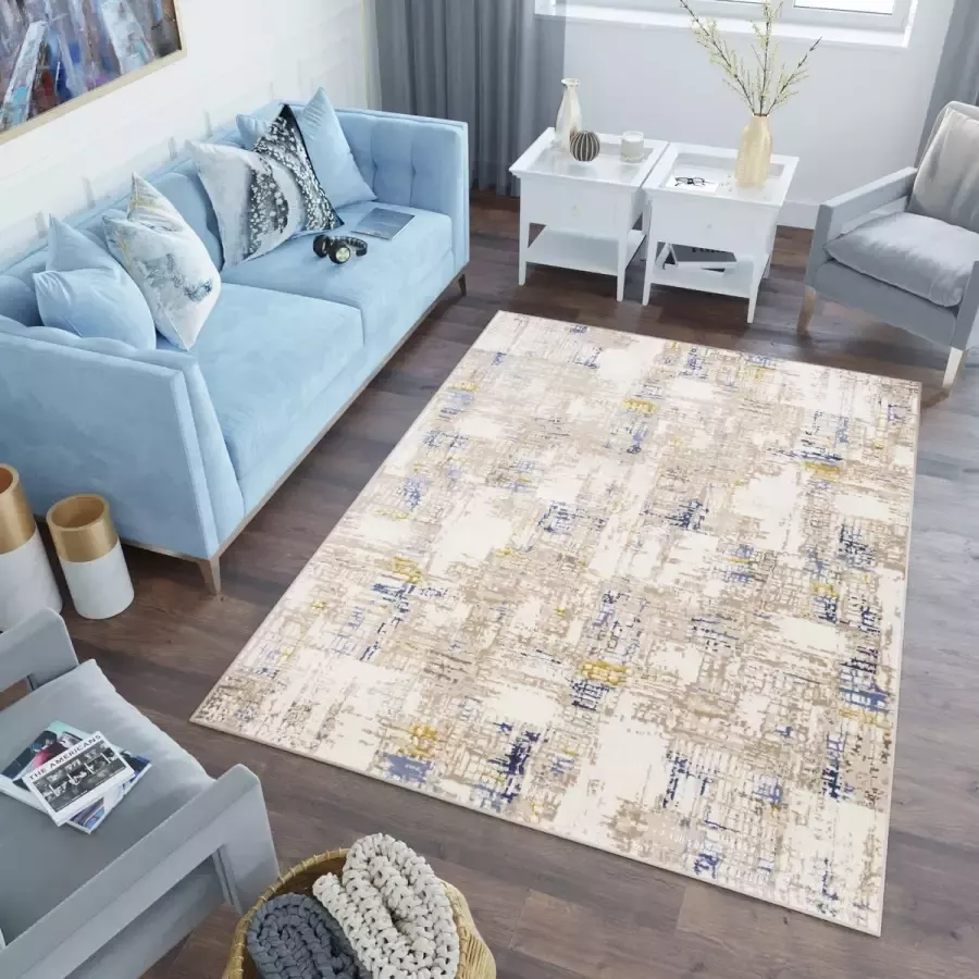 Tapiso Asthane Vloerkleed Beige Blauw Woonkamer Slaapkamer Tapijt Maat 200x300