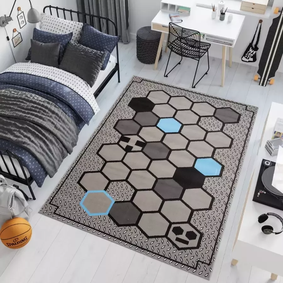 Tapiso Patras Vloerkleed Grijs Blauw Zwart Jeugdkamer Kinderkamer Kleed Tapijt Maat- 120x170