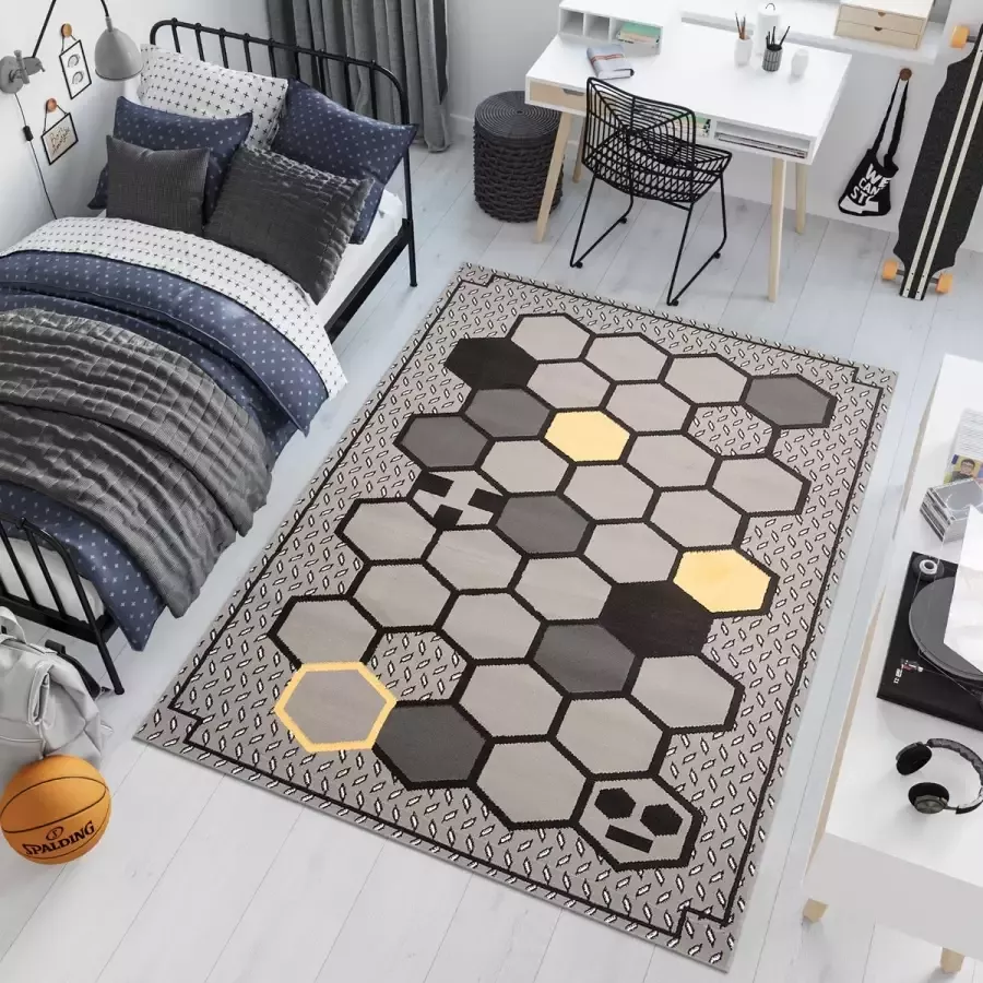 Tapiso Patras Vloerkleed Grijs Geel Zwart Jeugdkamer Kinderkamer Kleed Tapijt Maat- 140x200