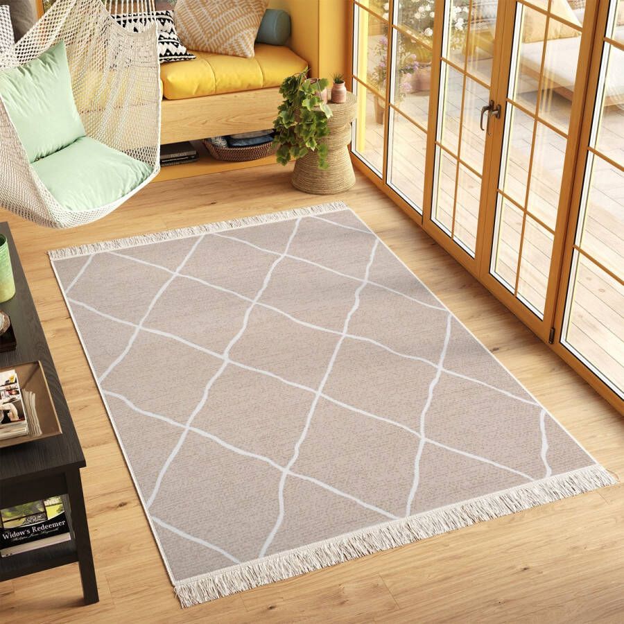 Tapiso Azteca Vloerkleed Beige Franjes Katoenen Dubbelzijdig Tapijt Maat- 120x170