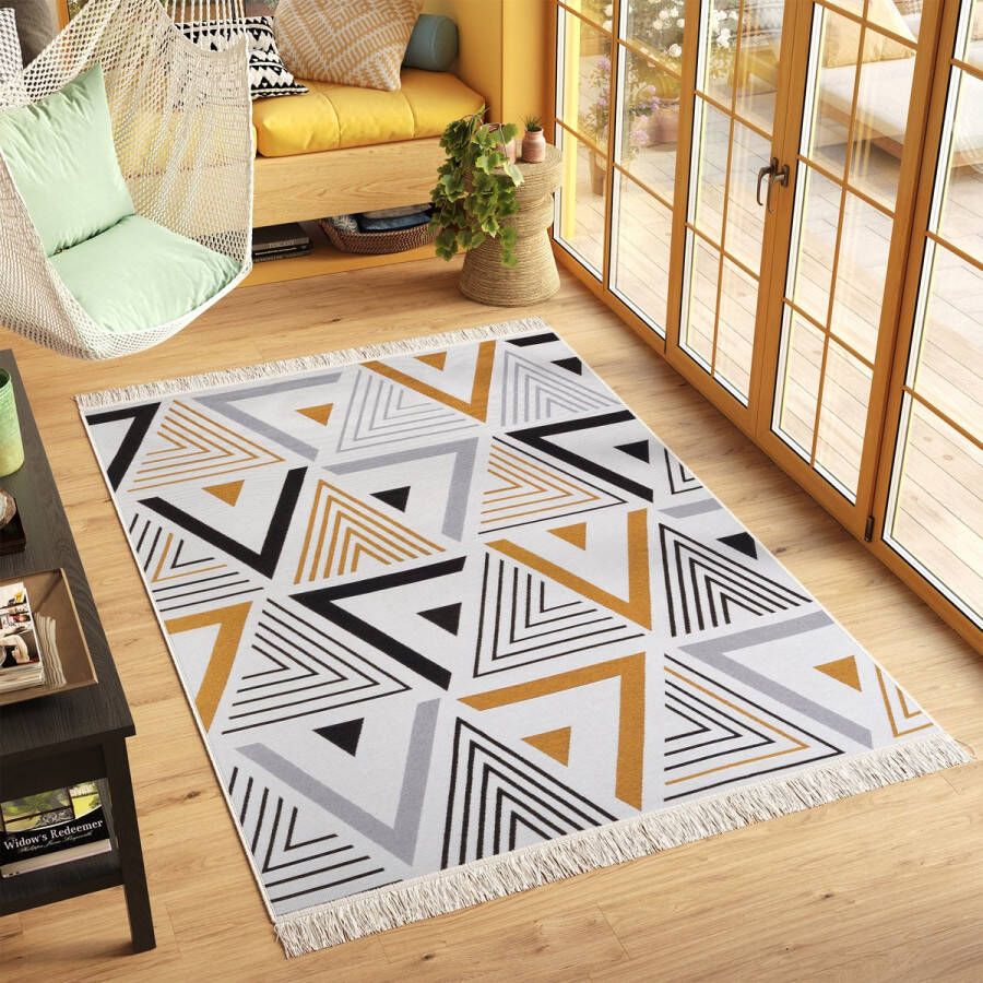 Tapiso Azteca Vloerkleed Franjes Boho Katoenen Dubbelzijdig Tapijt Maat- 120x170