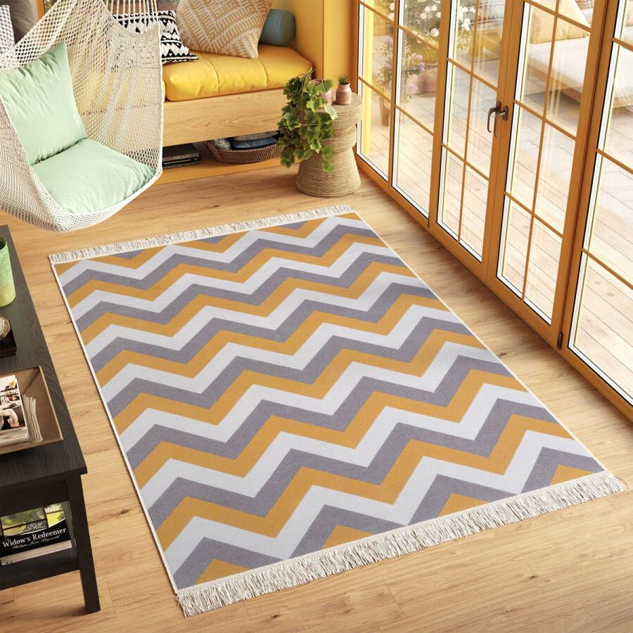 Tapiso Azteca Vloerkleed Franjes Zigzag Woonkamer Katoenen Dubbelzijdig Tapijt Maat- 140x200