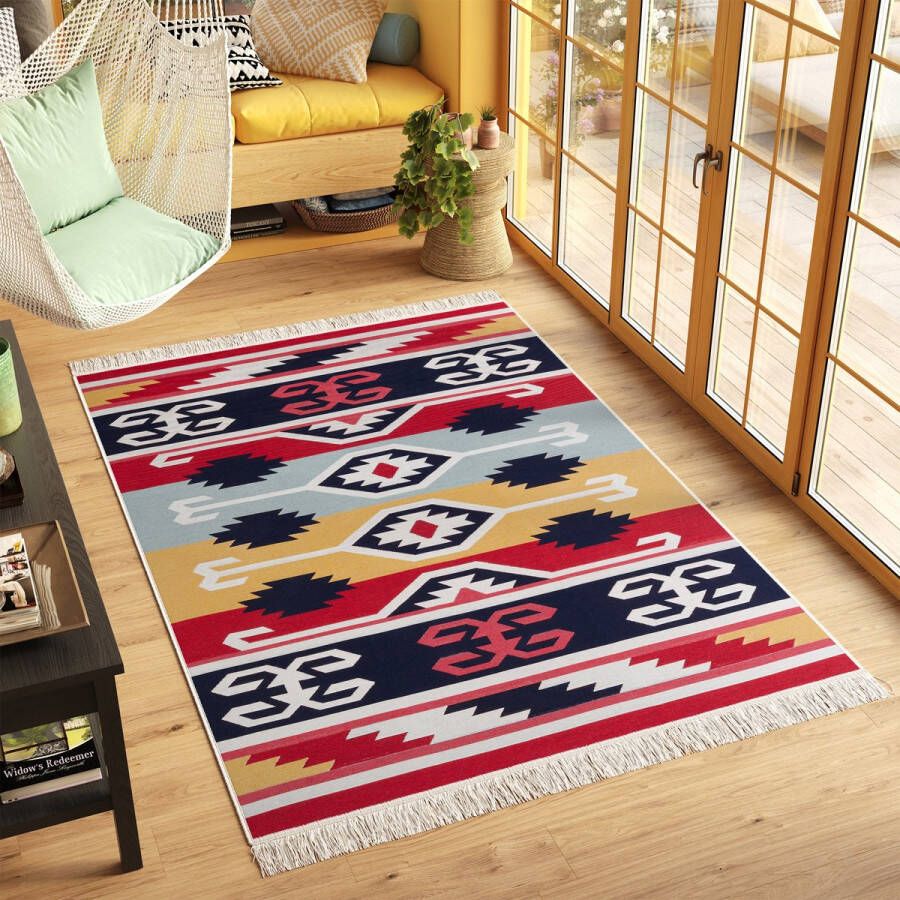 Tapiso Azteca Vloerkleed Katoenen Dubbelzijdig Tapijt Boho Woonkamer Maat- 60x110