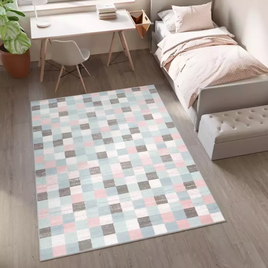 Tapiso Baby Vloerkleed Blauw Wit Grijs Roze Kinderkamer Tapijt Maat- 200x300