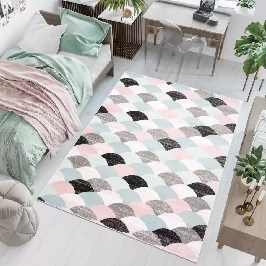 Tapiso Baby Vloerkleed Blauw Wit Grijs Roze Modern Kinderkamer Tapijt Maat- 140x200