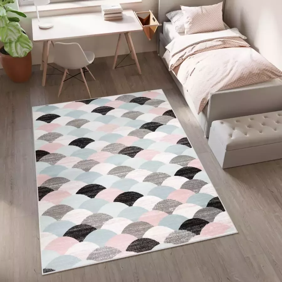 Tapiso Baby Vloerkleed Blauw Wit Grijs Roze Modern Kinderkamer Tapijt Maat- 160x220