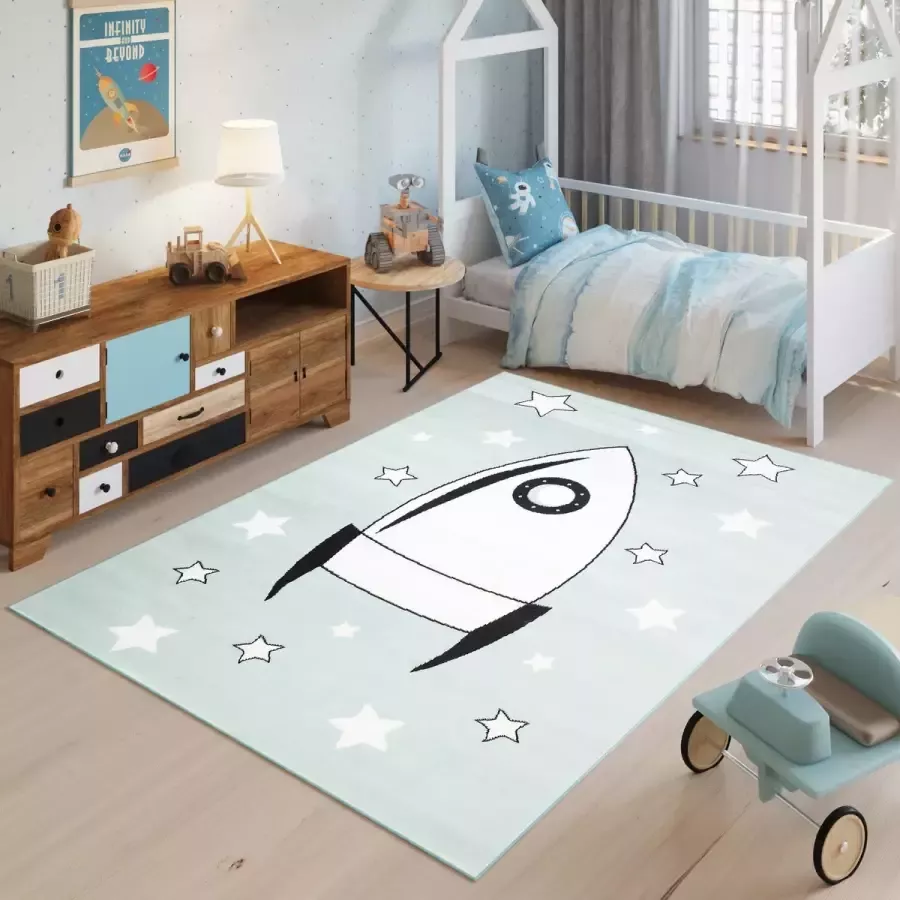 Tapiso Baby Vloerkleed Blauw Wit Heelal Modern Kinderkamer Tapijt Maat- 80x150