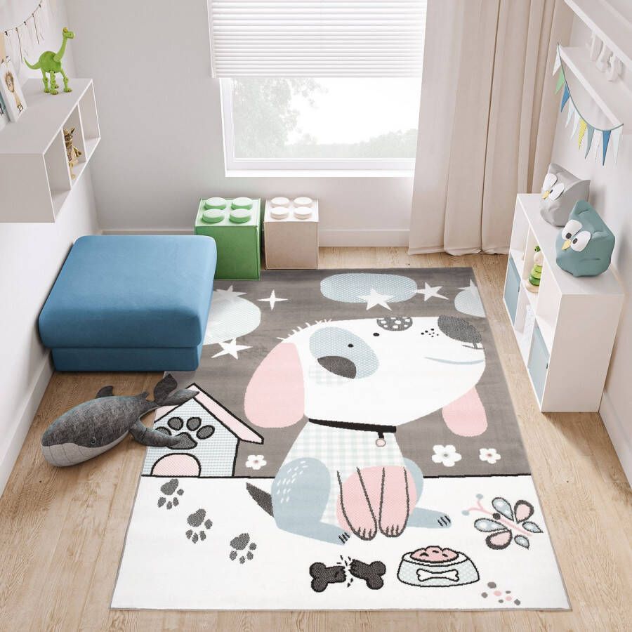 Tapiso Baby Vloerkleed Grijs Blauw Wit Roze Hond Kinderkamer Tapijt Maat- 140x200