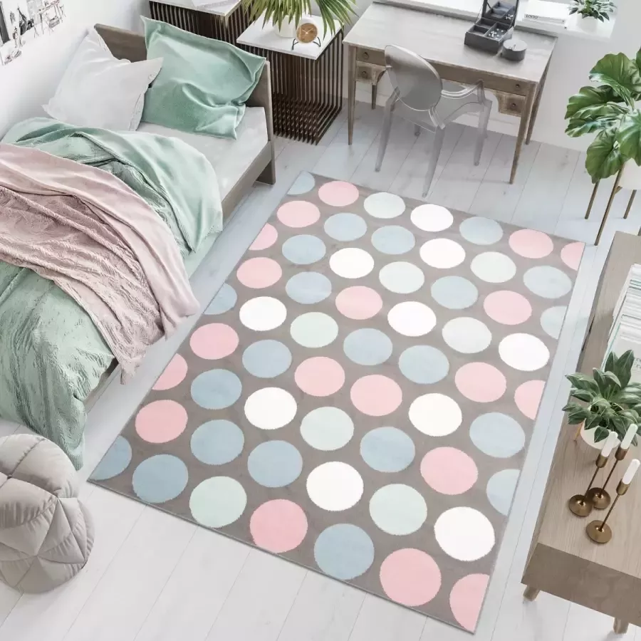 Tapiso Baby Vloerkleed Grijs Roze Blauw Cirkels Kinderkamer Tapijt Maat- 180x250
