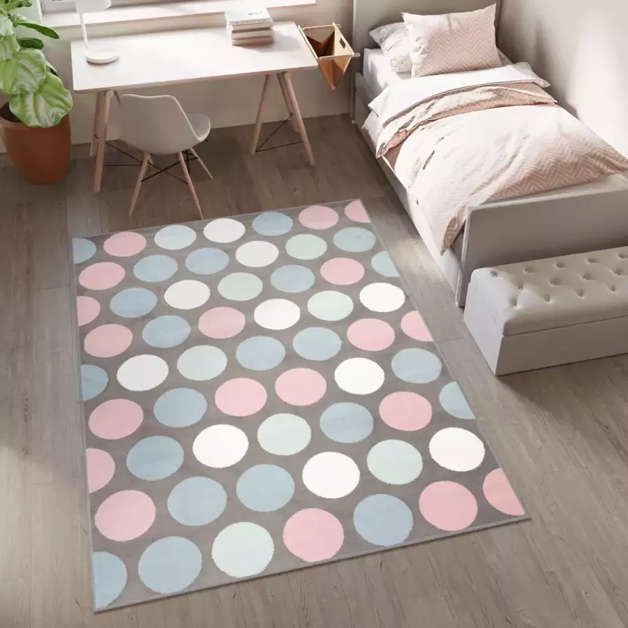 Tapiso Baby Vloerkleed Grijs Roze Blauw Cirkels Kinderkamer Tapijt Maat- 80x150