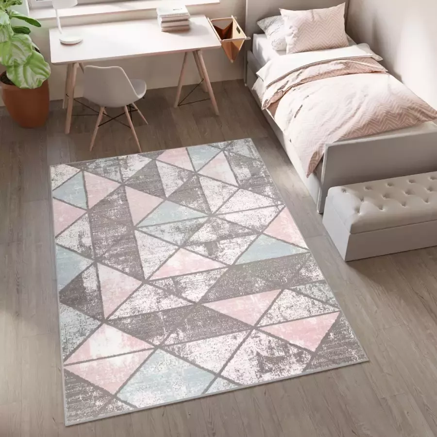 Tapiso Baby Vloerkleed Grijs Roze Blauw Geruit Modern Kinderkamer Tapijt Maat- 120x170