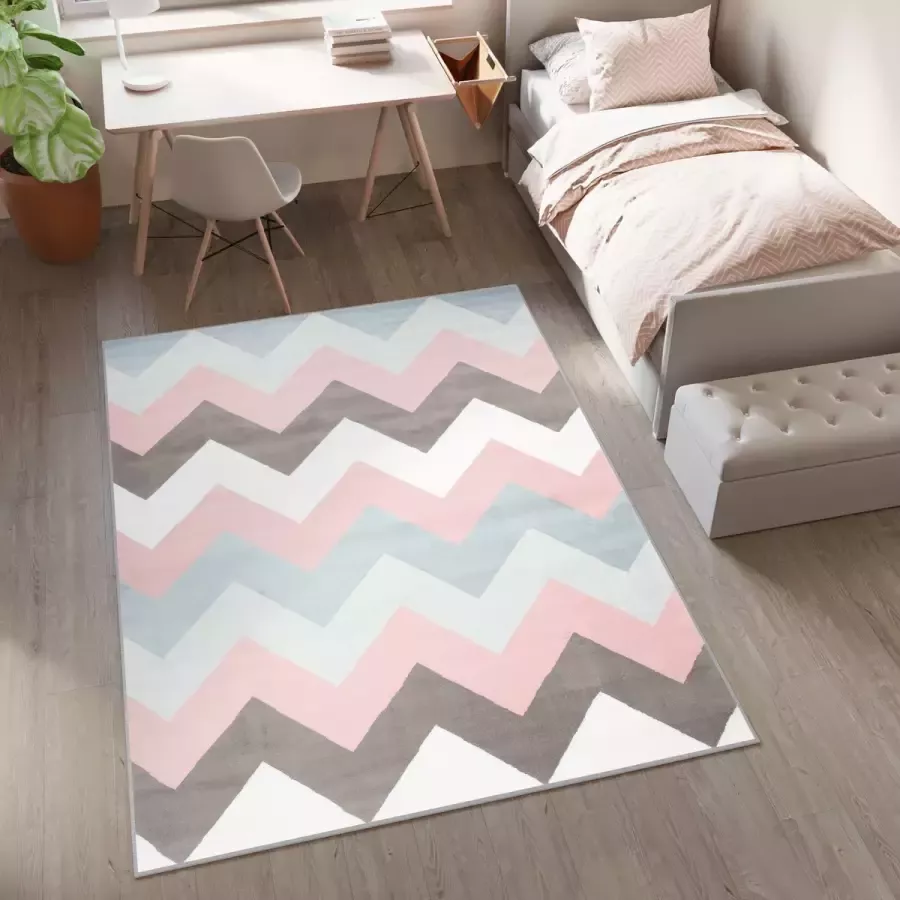 Tapiso Baby Vloerkleed Grijs Roze Blauw Zigzag Kinderkamer Tapijt Maat- 160x220