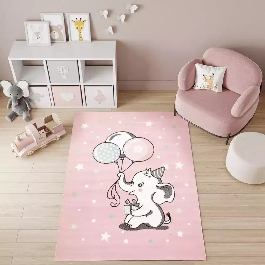 Tapiso Baby Vloerkleed Roze Wit Olifant Ballonnen Kinderkamer Tapijt Maat- 200x300