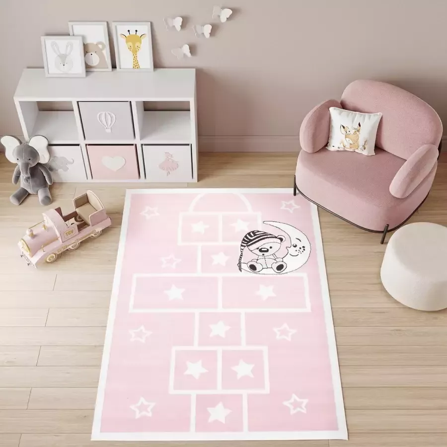 Tapiso Baby Vloerkleed Roze Wit Teddybeer Modern Kinderkamer Tapijt Maat- 120x170