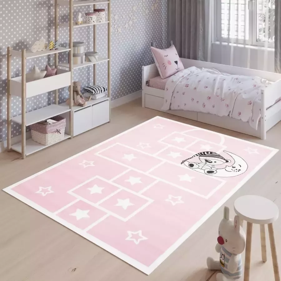 Tapiso Baby Vloerkleed Roze Wit Teddybeer Modern Kinderkamer Tapijt Maat- 80x150