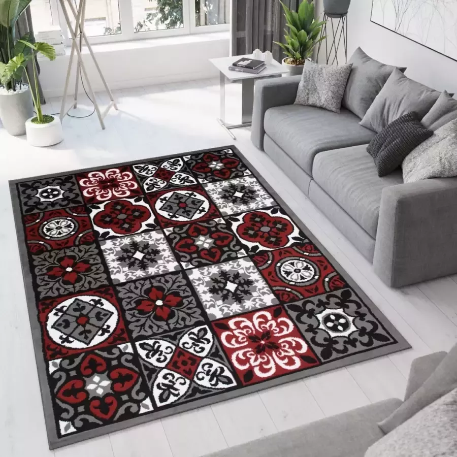 Tapiso Bali PP Vloerkleed Grijs Rood Laagpolig Woonkamer Tapijt Maat- 140x200