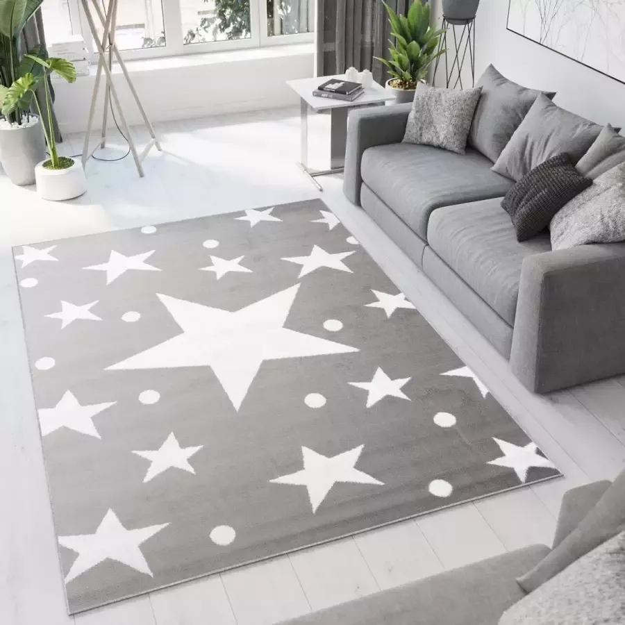 Tapiso Bali PP Vloerkleed Woonkamer Slaapkamer Grijs Wit Sterren Design Interieur Sfeervol Woonsfeer Modern Duurzaam Hoogwaardig Tapijt Maat 200x300