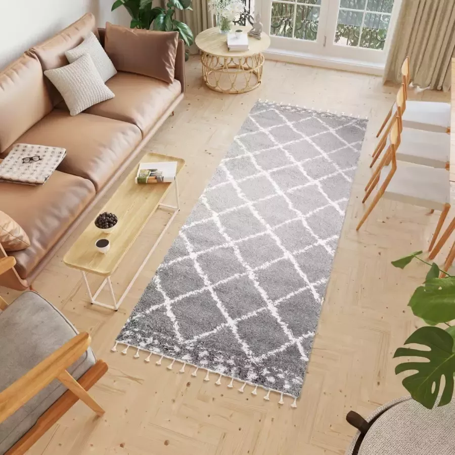 Tapiso Boho Loper Grijs Kwastjes Hoogpolig Modern Woonkamer Vloerkleed Maat- 100x300