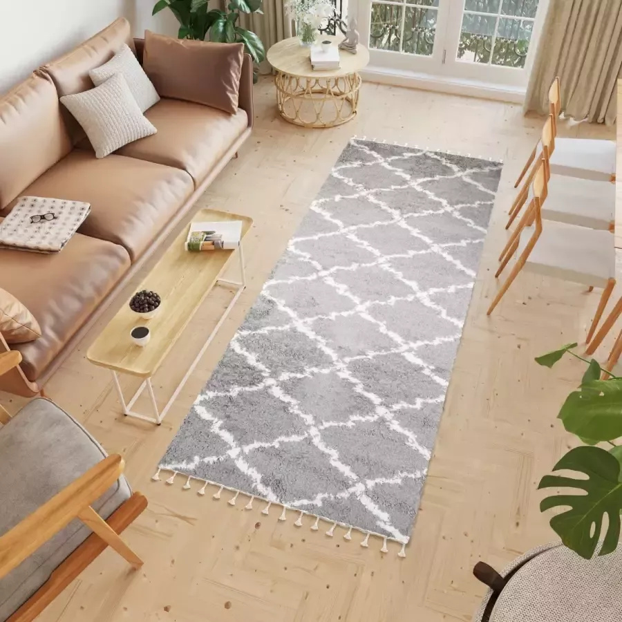 Tapiso Boho Loper Grijs Kwastjes Hoogpolig Trellis Modern Woonkamer Vloerkleed Maat- 100x200