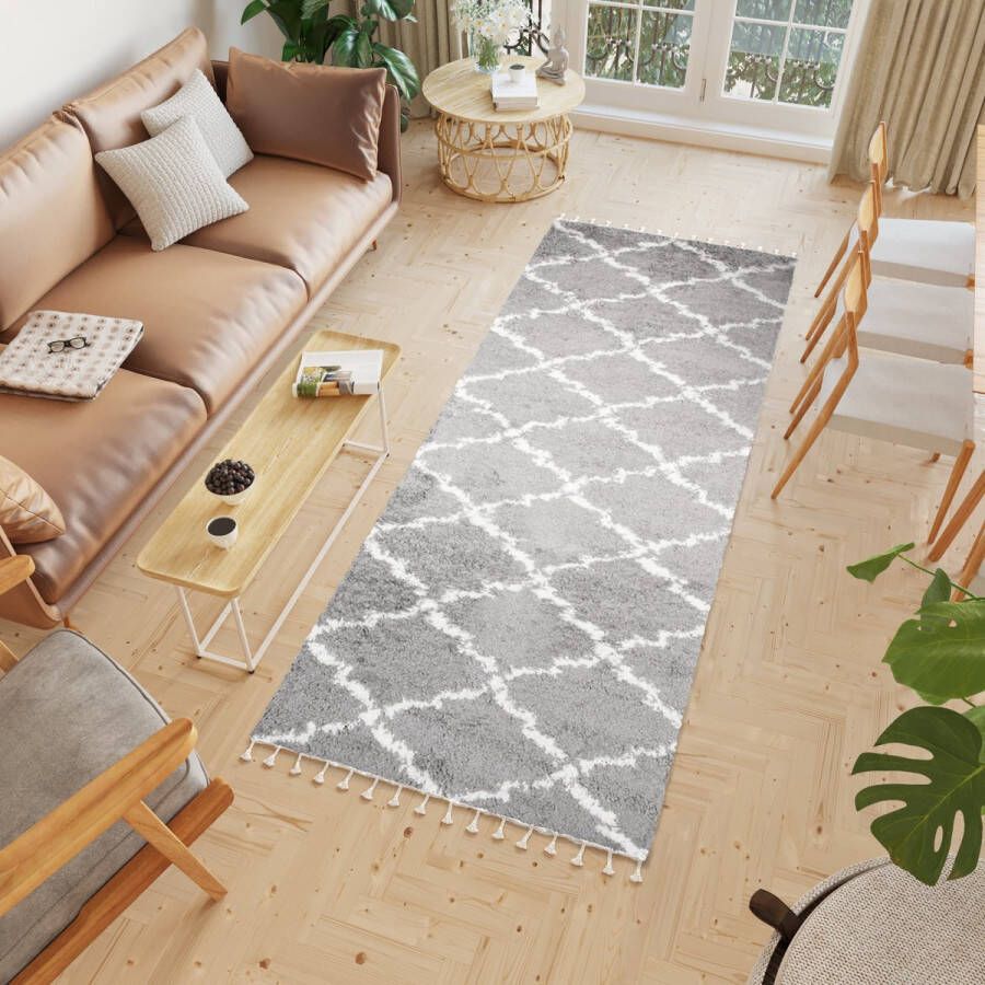 Tapiso Boho Loper Grijs Kwastjes Hoogpolig Trellis Modern Woonkamer Vloerkleed Maat- 100x200