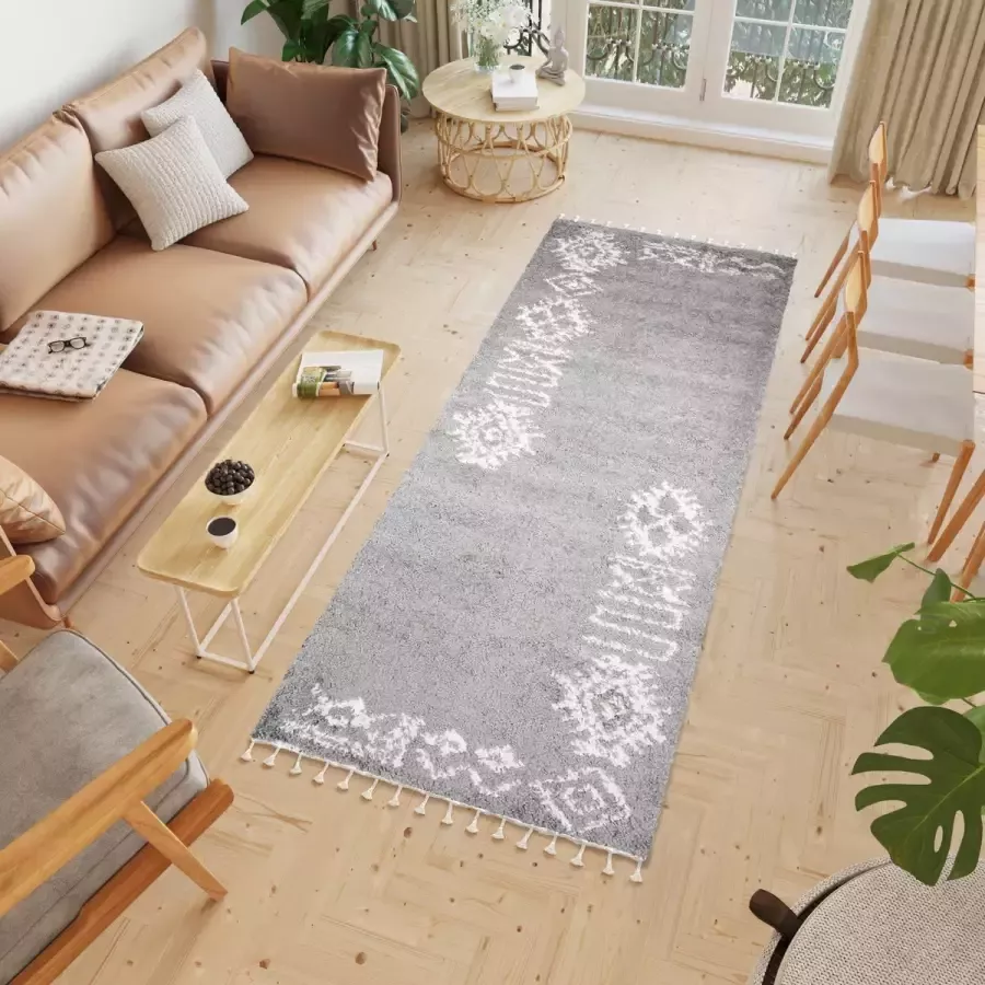 Tapiso Boho Loper Grijs Modern Kwastjes Woonkamer Hoogpolig Vloerkleed Maat- 100x160