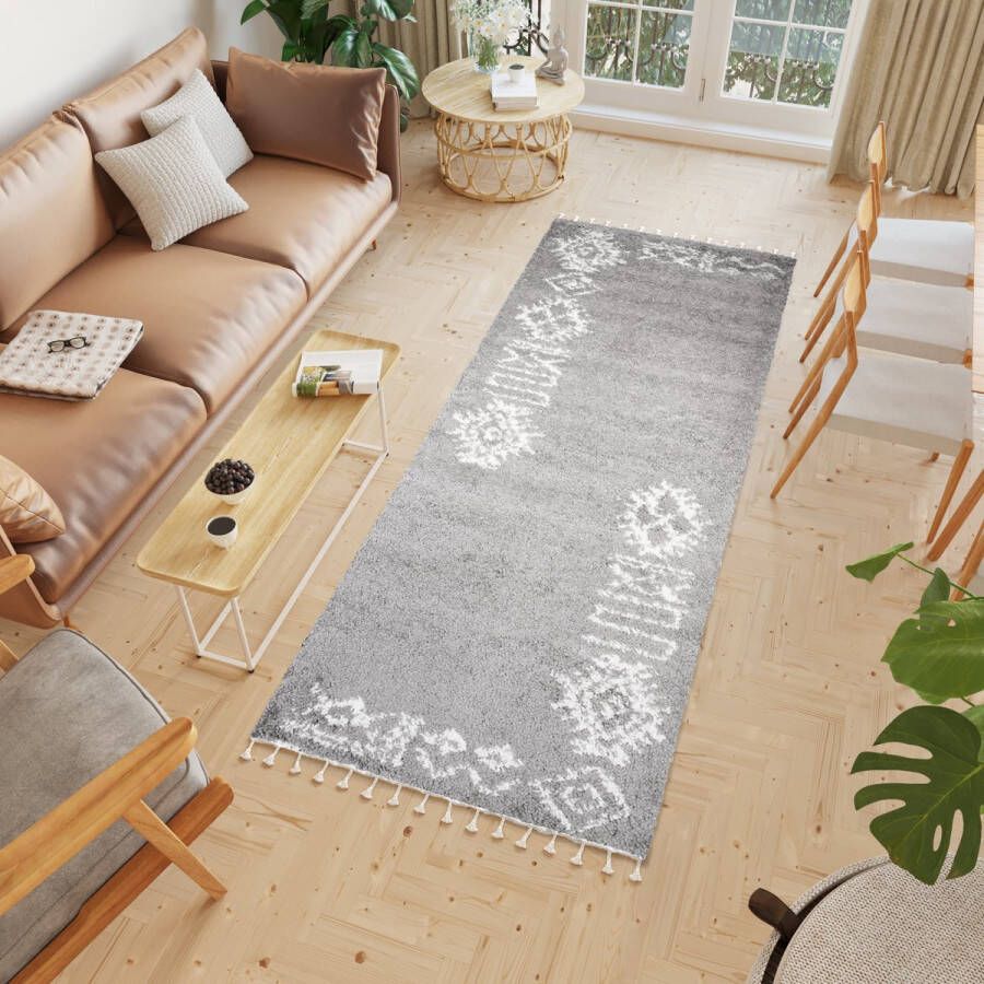 Tapiso Boho Loper Grijs Modern Kwastjes Woonkamer Hoogpolig Vloerkleed Maat- 70x200