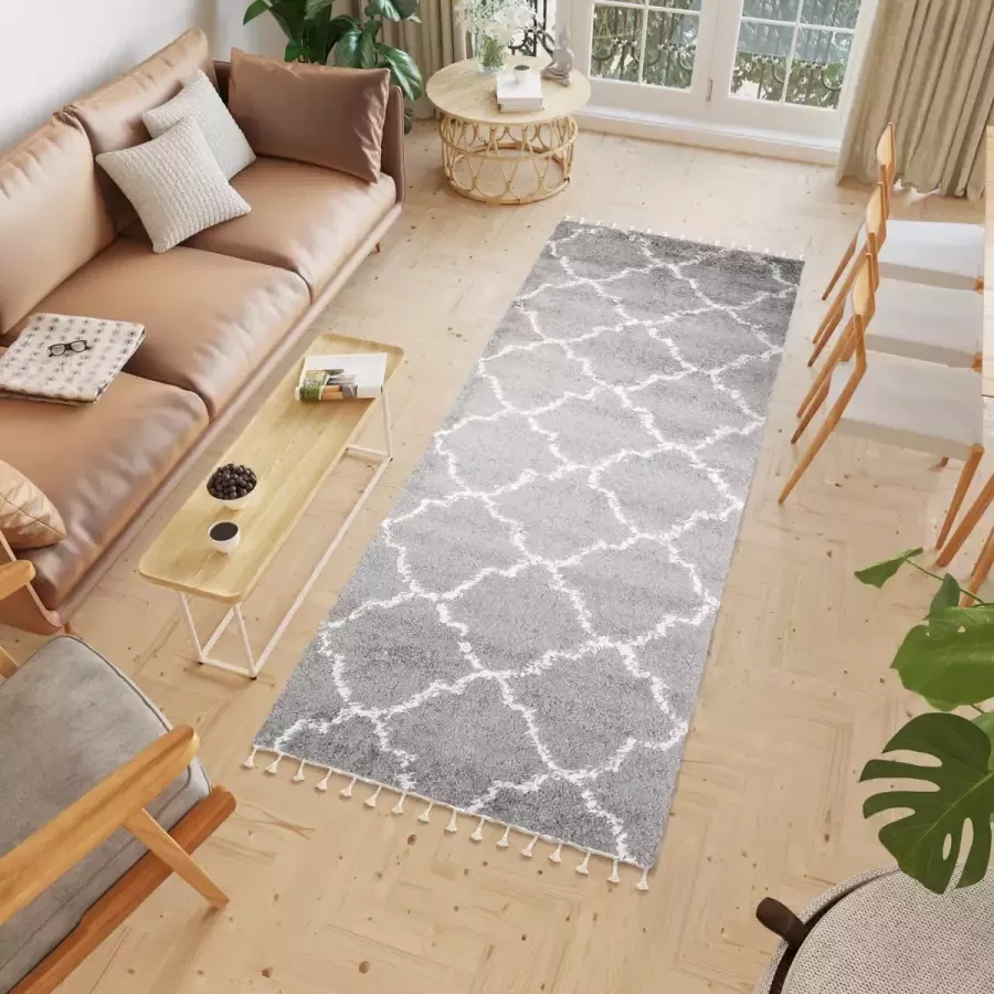 Tapiso Boho Loper Grijs Modern Trellis Kwastjes Hoogpolig Woonkamer Vloerkleed Maat- 70x200