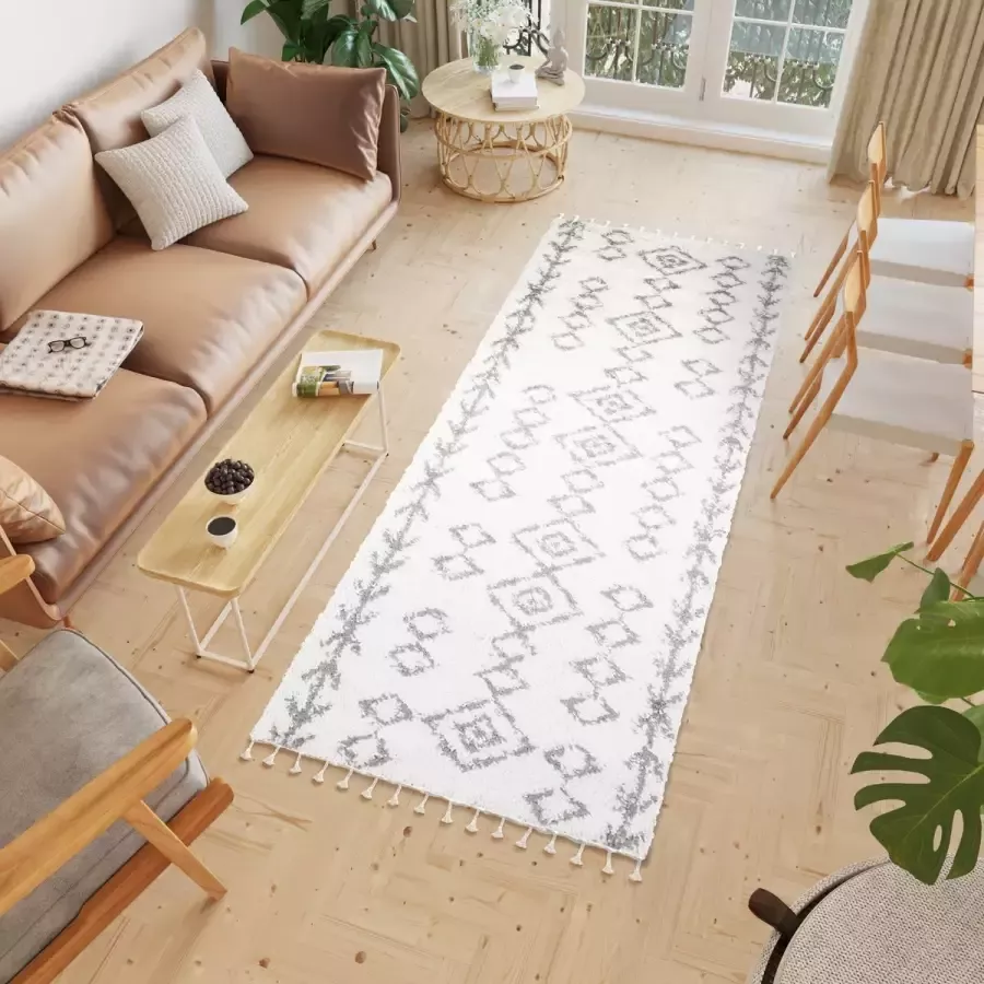 Tapiso Boho Loper Licht Beige Kwastjes Woonkamer Hoogpolig Vloerkleed Maat- 80x250