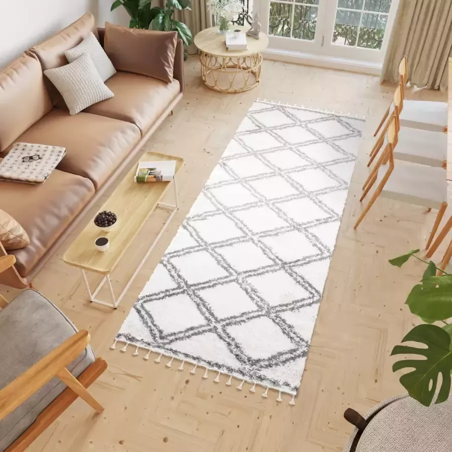 Tapiso Boho Loper Lichtbeige Grijs Hoogpolig Kwastjes Woonkamer Vloerkleed Maat- 100x160