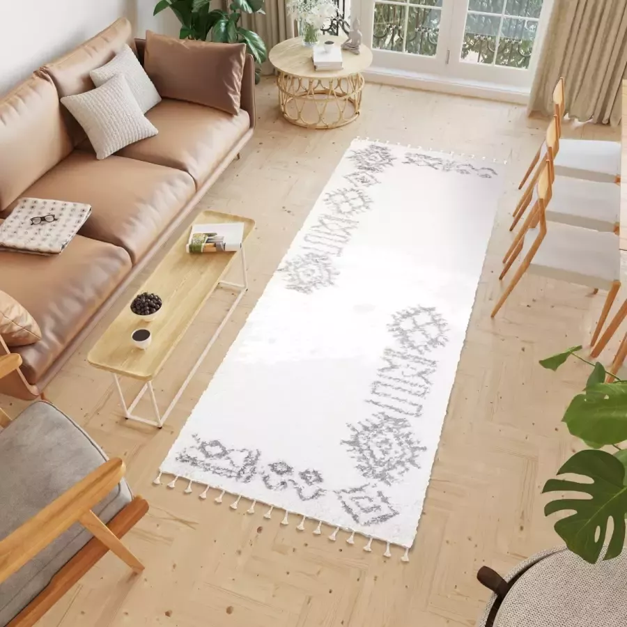 Tapiso Boho Loper Lichtbeige Hoogpolig Kwastjes Woonkamer Vloerkleed Maat- 100x300