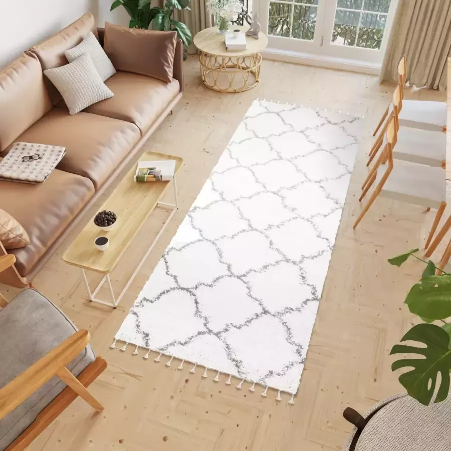 Tapiso Boho Loper Lichtbeige Trellis Hoogpolig Kwastjes Woonkamer Vloerkleed Maat- 100x150