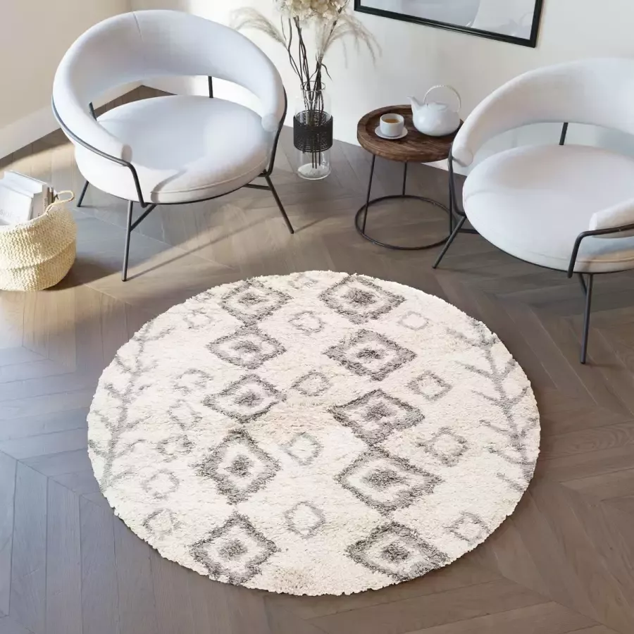 Tapiso Boho Vloerkleed Rond Beige Shaggy Bohemian Scandinavisch Modern Slaapkamer Woonkamer Hal Maat- 120x120