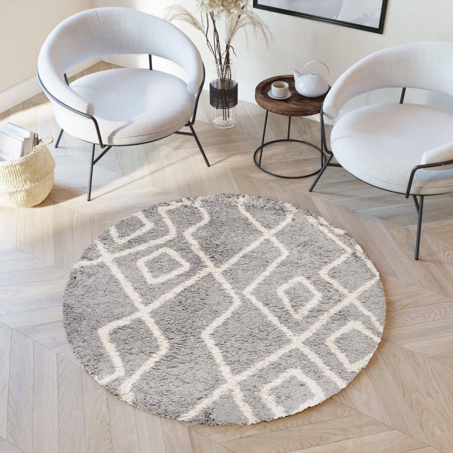 Tapiso Boho Vloerkleed Rond Grijs Creme Shaggy Bohemian Design Duurzaam Slaapkamer Woonkamer Hal Maat- 120x120