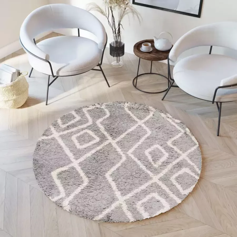 Tapiso Boho Vloerkleed Rond Grijs Creme Shaggy Bohemian Design Duurzaam Slaapkamer Woonkamer Hal Maat- 200x200