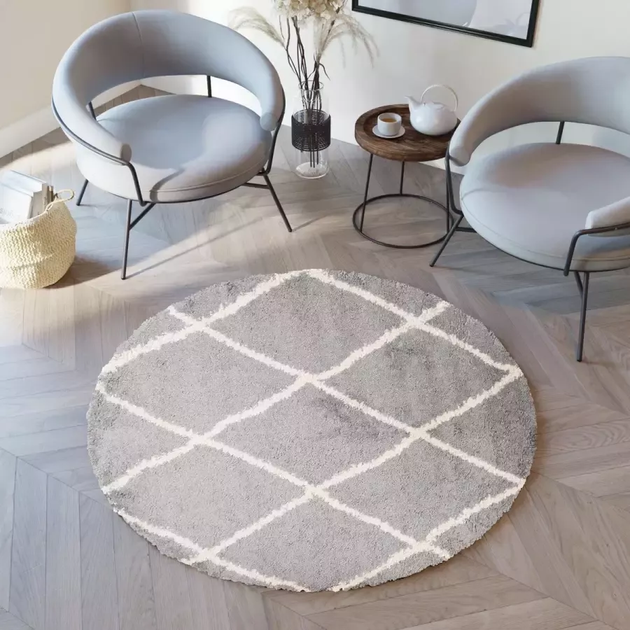 Tapiso Boho Vloerkleed Rond Grijs Creme Shaggy Bohemian Ruit Modern Slaapkamer Woonkamer Hal Maat- 200x200