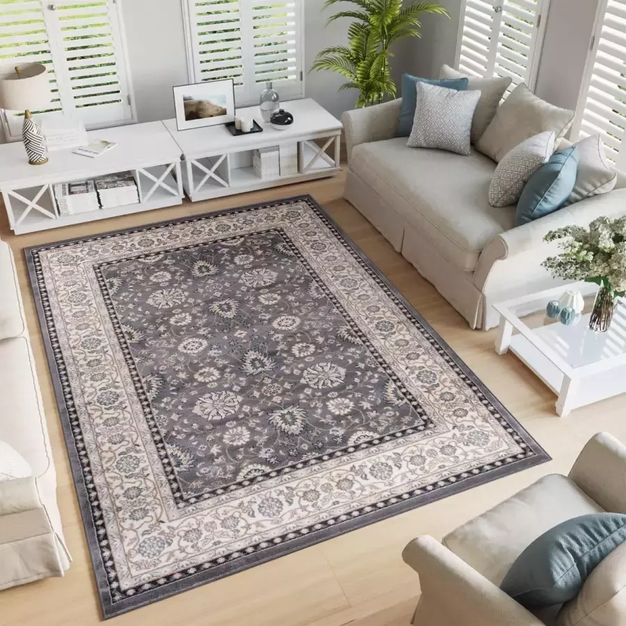 Tapiso Colorado Vloerkleed Grijs Modern Oosters Bloemen Tapijt Maat- 160x220