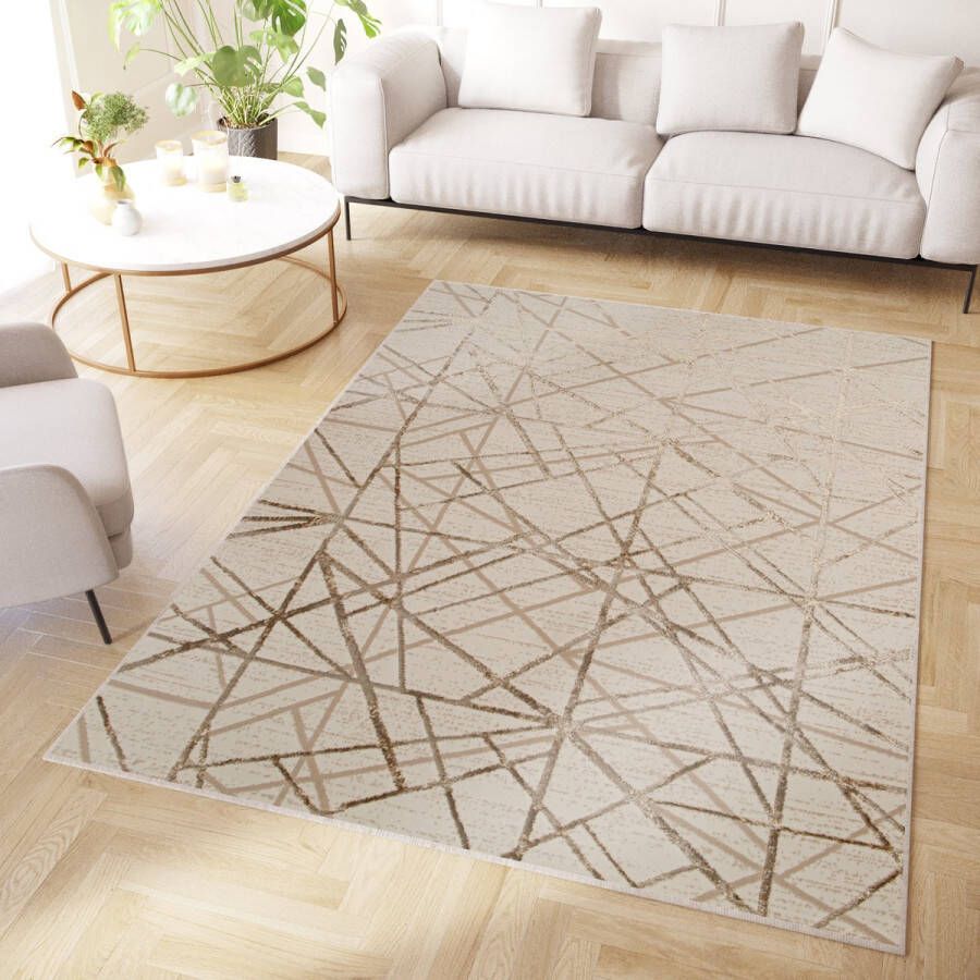 Tapiso Crystal Vloerkleed Beige Bruin Laagpolig Kleed Tapijt Maat- 160x220