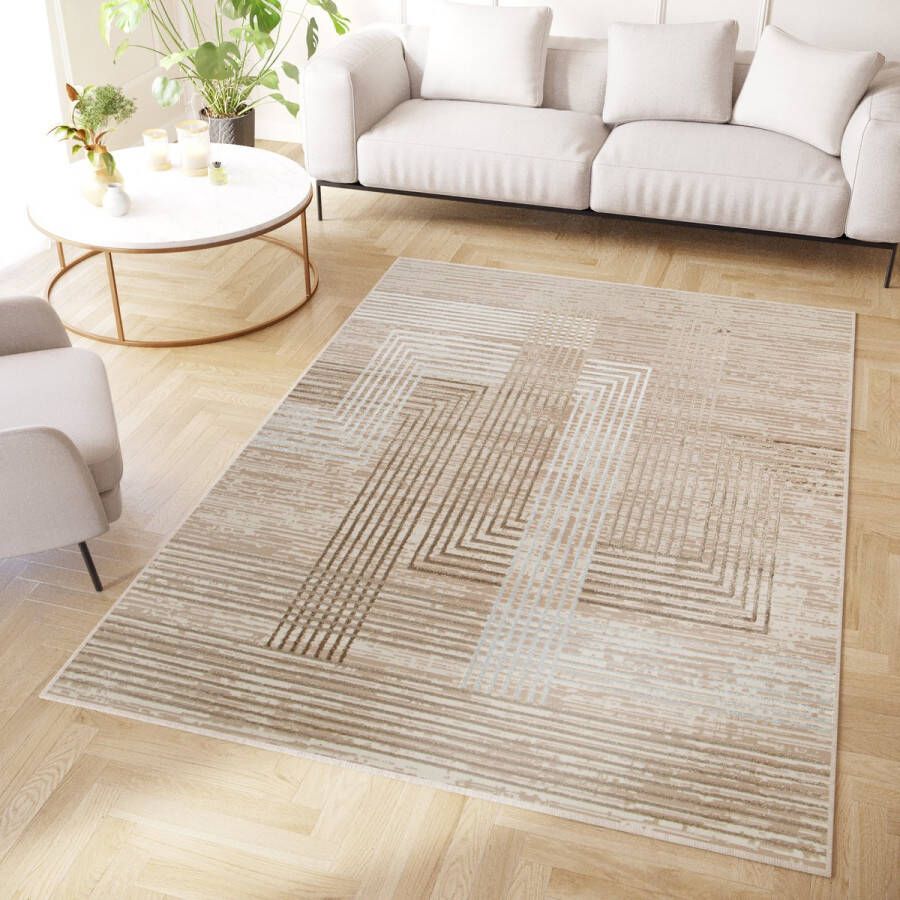 Tapiso Crystal Vloerkleed Beige Bruin Lijnen 3D Effect Tapijt Maat- 200x300