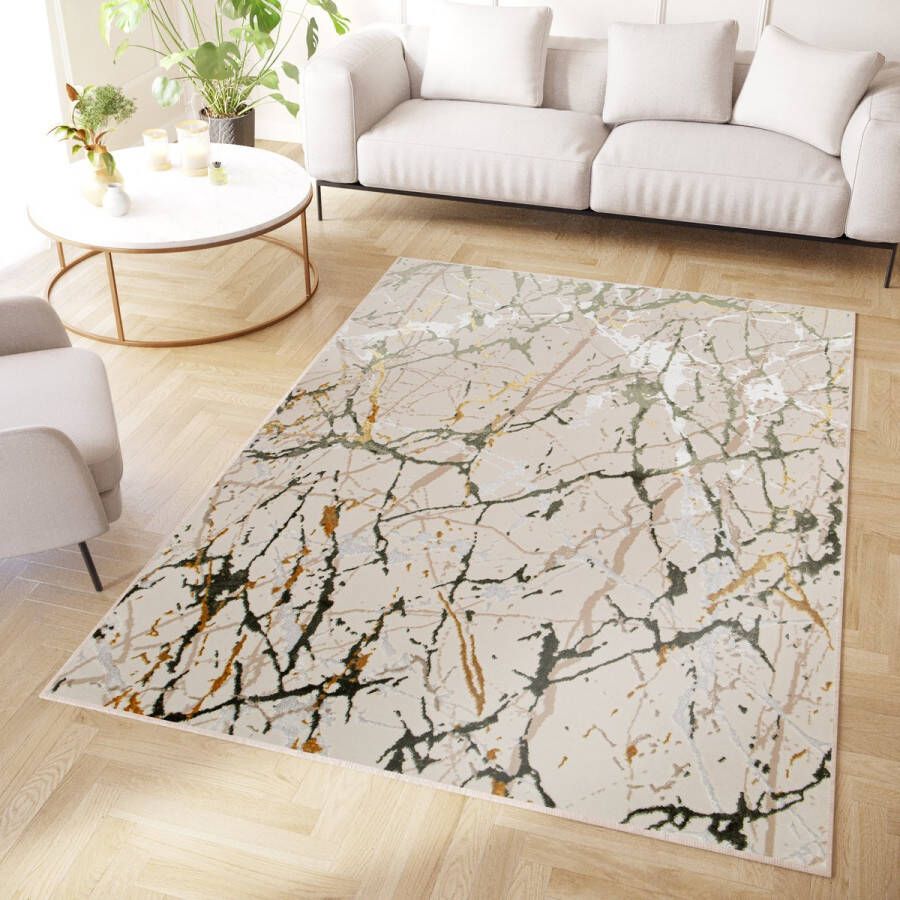 Tapiso Crystal Vloerkleed Beige Creme Grijs Marmer Kleed Tapijt Maat- 80x150