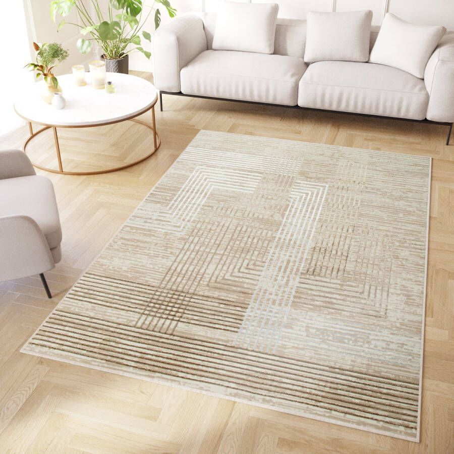 Tapiso Crystal Vloerkleed Beige Creme Lijnen 3D Effect Tapijt Maat- 300x400