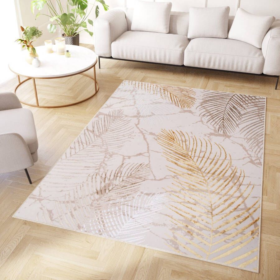 Tapiso Crystal Vloerkleed Beige Goud Crème Bladeren Modern Tapijt Maat- 120x170