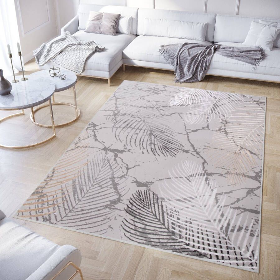 Tapiso Crystal Vloerkleed Beige Grijs Bladeren Modern Tapijt Maat- 80x150