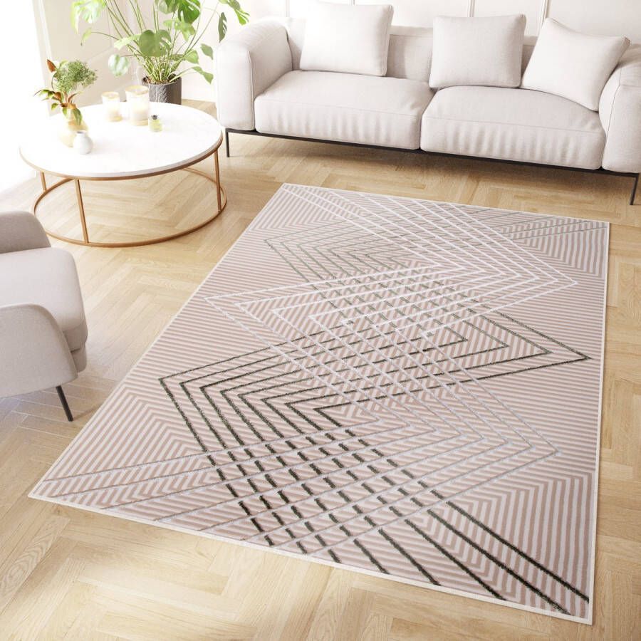 Tapiso Crystal Vloerkleed Beige Licht Groen Zigzag 3D Effect Laagpolig Tapijt Maat- 160x220