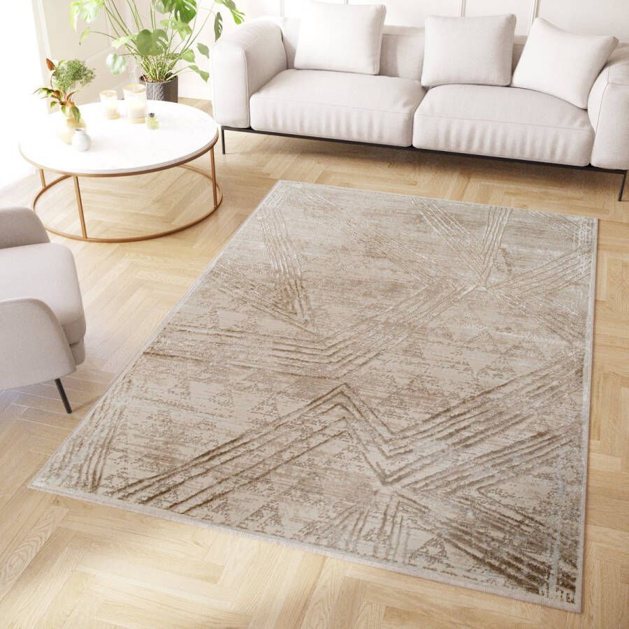 Tapiso Crystal Vloerkleed Beige Modern Laagpolig Kleed Tapijt Maat- 120x170