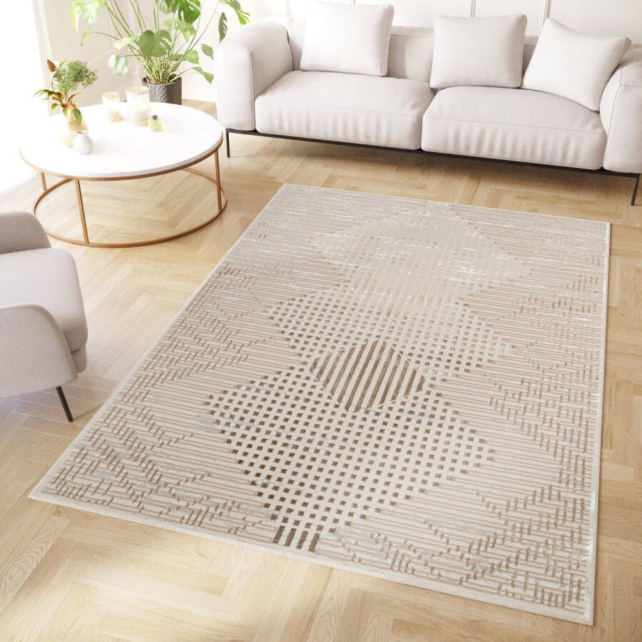 Tapiso Crystal Vloerkleed Bruin Beige Lijnen 3D Effect Tapijt Maat- 300x400