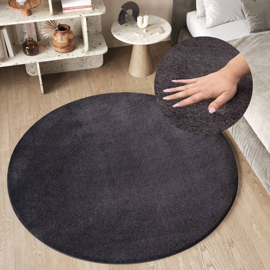 Tapiso Cuddle Rond Vloerkleed Antraciet Hoogpolig Shaggy Tapijt Maat- 100x100