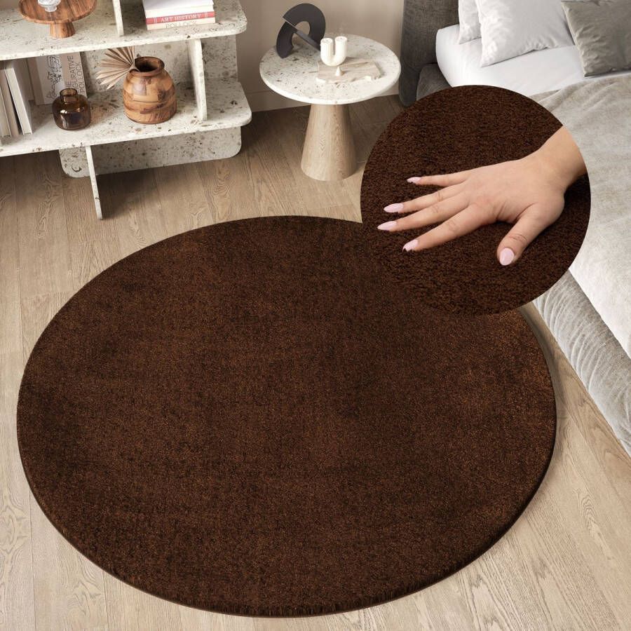 Tapiso Cuddle Rond Vloerkleed Bruin Hoogpolig Shaggy Tapijt Maat- 100x100