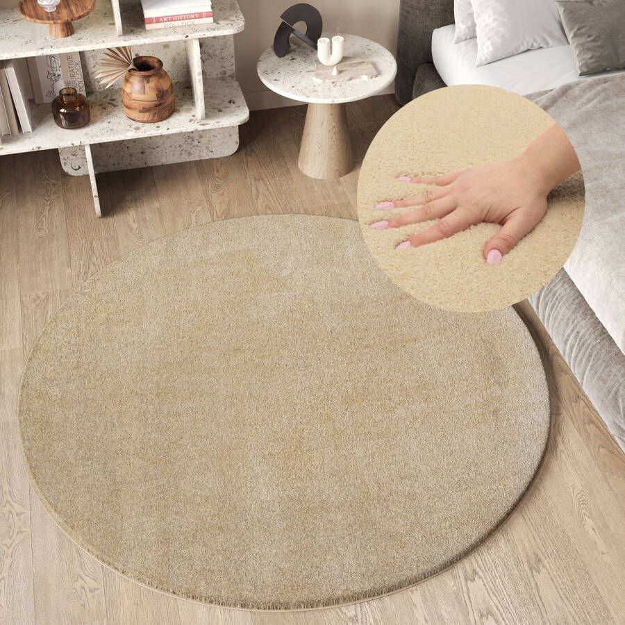 Tapiso Cuddle Rond Vloerkleed Creme Hoogpolig Shaggy Tapijt Maat- 100x100