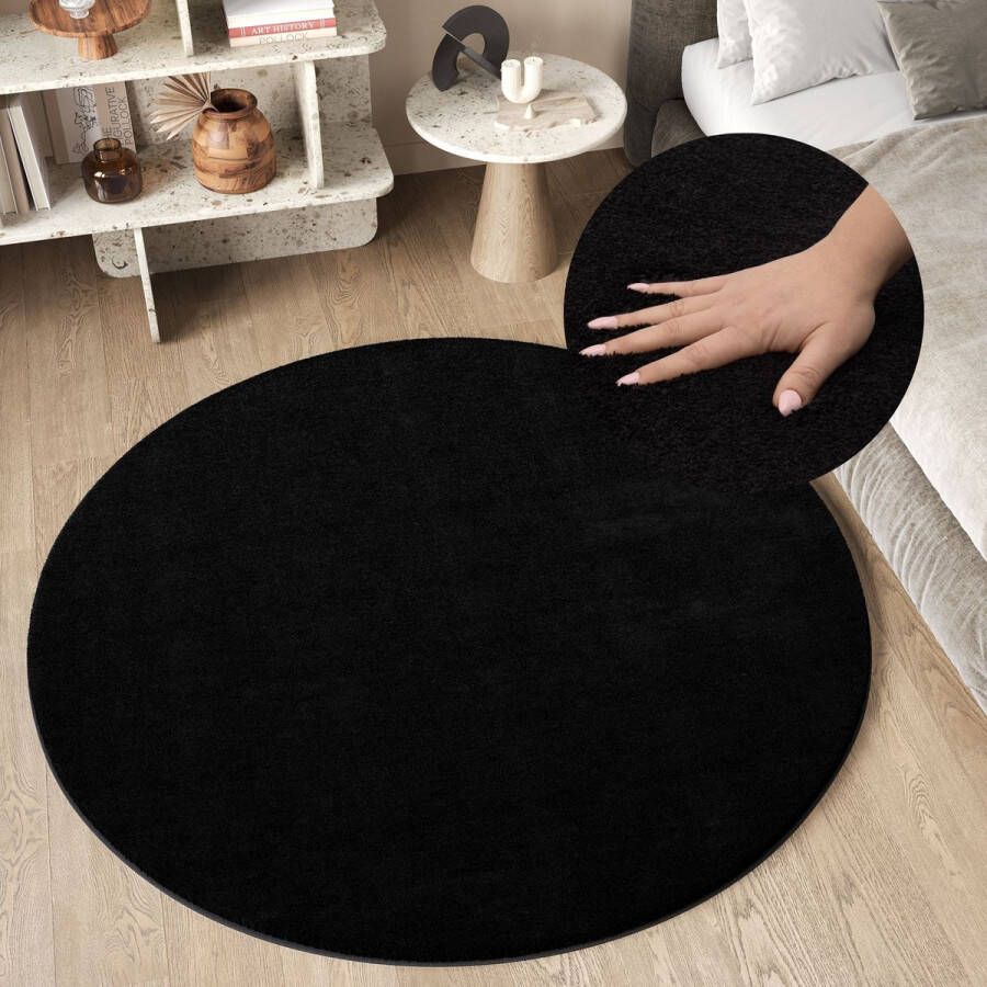 Tapiso Cuddle Rond Vloerkleed Zwart Hoogpolig Shaggy Tapijt Maat- 100x100